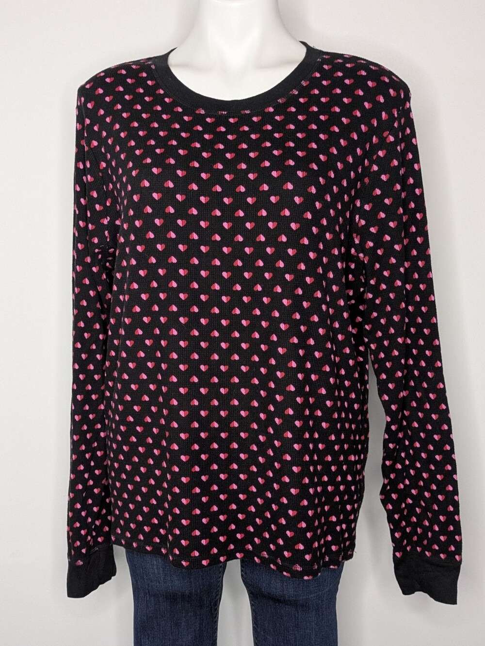 Victoria's Secret Black Pink Red Heart Waffle Knit Long Sleeve Cotton Blend Top